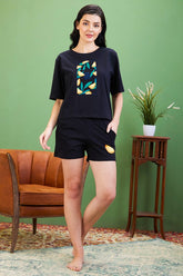 AV2 Women Cotton Solid Short Sleeve Top & Shorts Set Black - 2559B