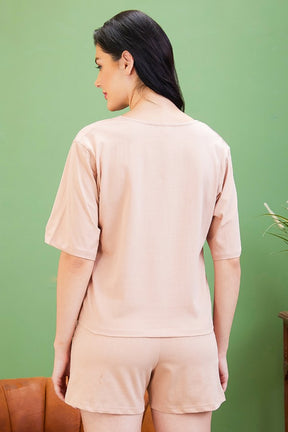 AV2 Women Cotton Solid Short Sleeve Top & Shorts Set Nude - 2560A