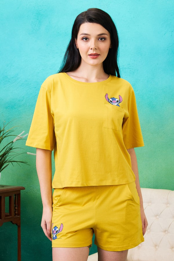 AV2 Women Cotton Solid Short Sleeve Top & Shorts Set Yellow - 2566A