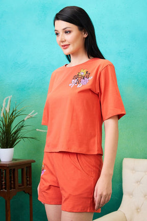 AV2 Women Cotton Solid Short Sleeve Top & Shorts Set Orange - 2567B