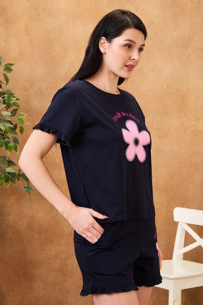 AV2 Women Cotton Solid Short Sleeve Top & Shorts Set Navy - 2570A