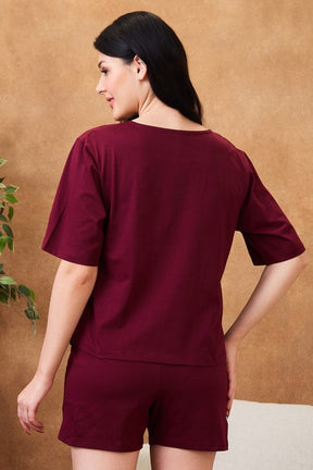 AV2 Women Cotton Solid Short Sleeve Top & Shorts Set Maroon - 2570B