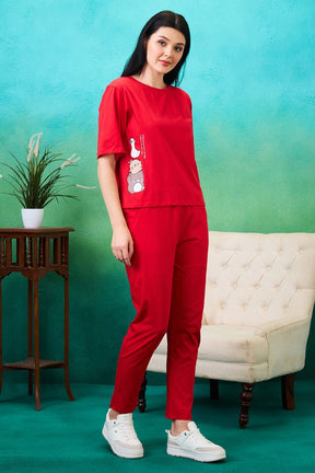 AV2 Women Solid Top & Pajama Coord set Red - 2573B