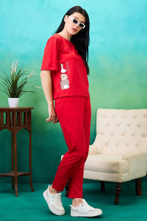 AV2 Women Solid Top & Pajama Coord set Red - 2573B