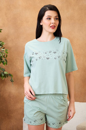 AV2 Women Cotton Solid Short Sleeve Top & Shorts Set Green - 2579A