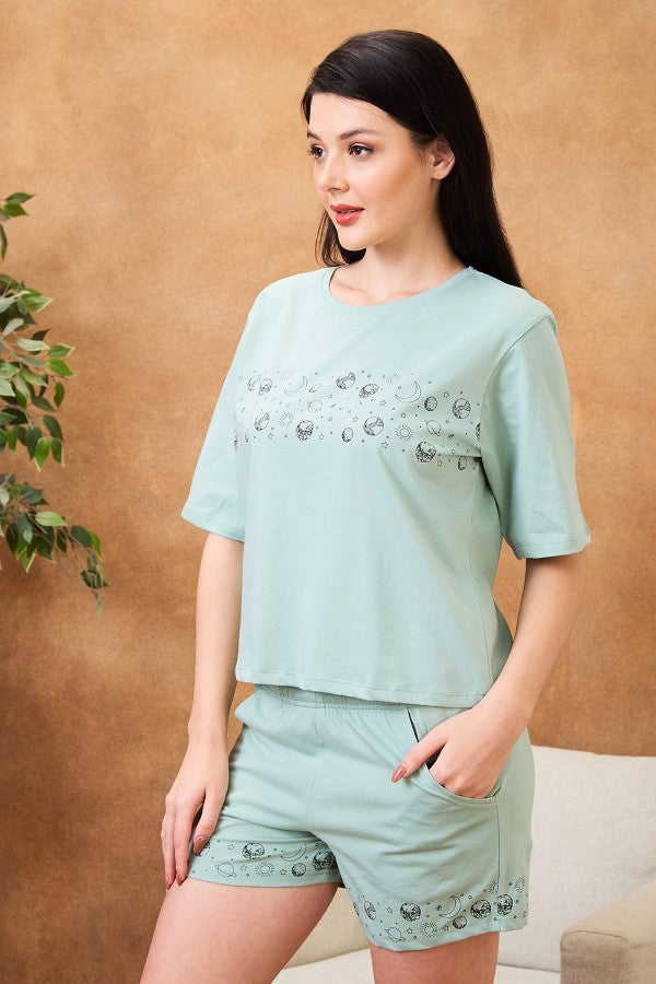 AV2 Women Cotton Solid Short Sleeve Top & Shorts Set Green - 2579A