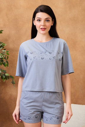 AV2 Women Cotton Solid Short Sleeve Top & Shorts Set Grey - 2579B