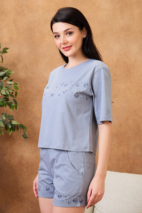 AV2 Women Cotton Solid Short Sleeve Top & Shorts Set Grey - 2579B