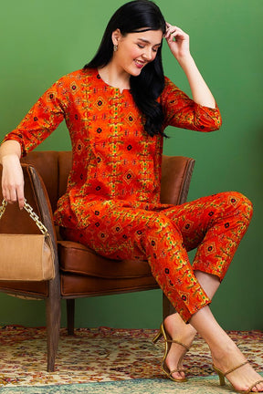 AV2 Women Cotton Maternity | Nursing | Feeding Printed Tunic & Bottom Coord set Mustard - 2581C