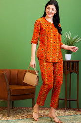 AV2 Women Cotton Maternity | Nursing | Feeding Printed Tunic & Bottom Coord set Mustard - 2581C