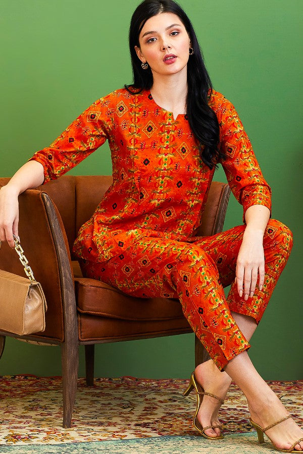 AV2 Women Cotton Maternity | Nursing | Feeding Printed Tunic & Bottom Coord set Mustard - 2581C