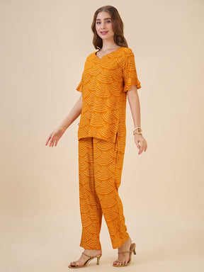 AV2 Women Rayon Printed Tunic Top & Bottom Co-ord set Mustard - 2602A