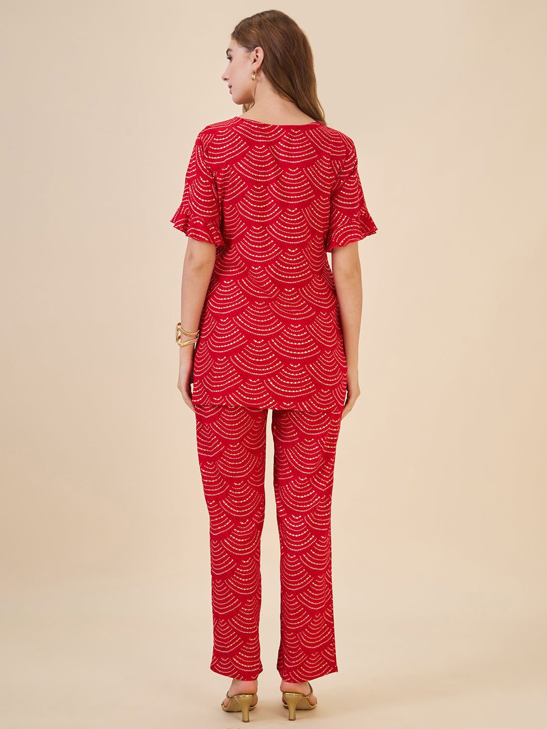 AV2 Women Rayon Printed Tunic Top & Bottom Co-ord set Red - 2602B