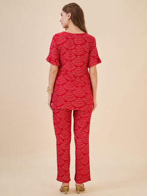 AV2 Women Rayon Printed Tunic Top & Bottom Co-ord set Red - 2602B