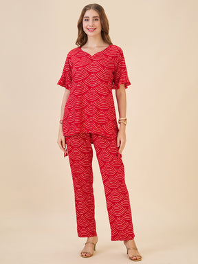 AV2 Women Rayon Printed Tunic Top & Bottom Co-ord set Red - 2602B