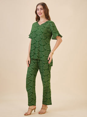 AV2 Women Rayon Printed Tunic Top & Bottom Co-ord set Green - 2602C