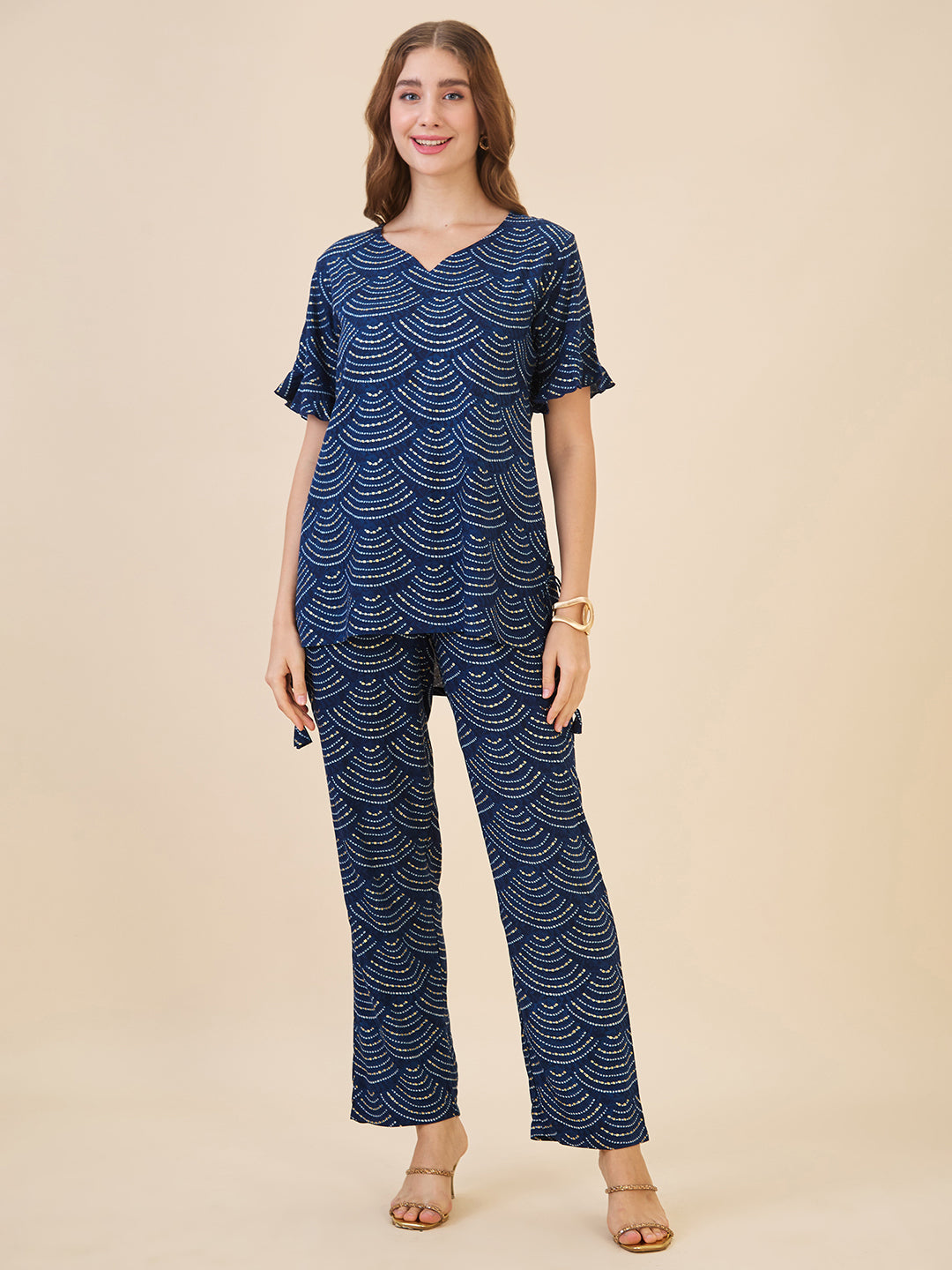 AV2 Women Rayon Printed Tunic Top & Bottom Co-ord set Navy - 2602D