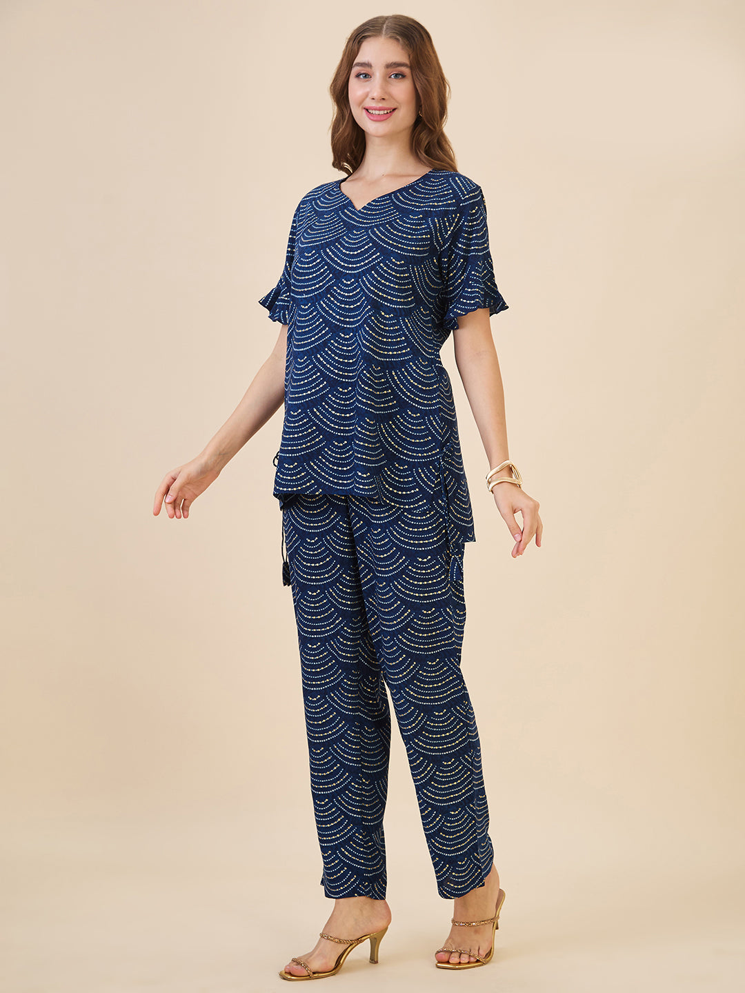 AV2 Women Rayon Printed Tunic Top & Bottom Co-ord set Navy - 2602D