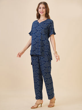 AV2 Women Rayon Printed Tunic Top & Bottom Co-ord set Navy - 2602D