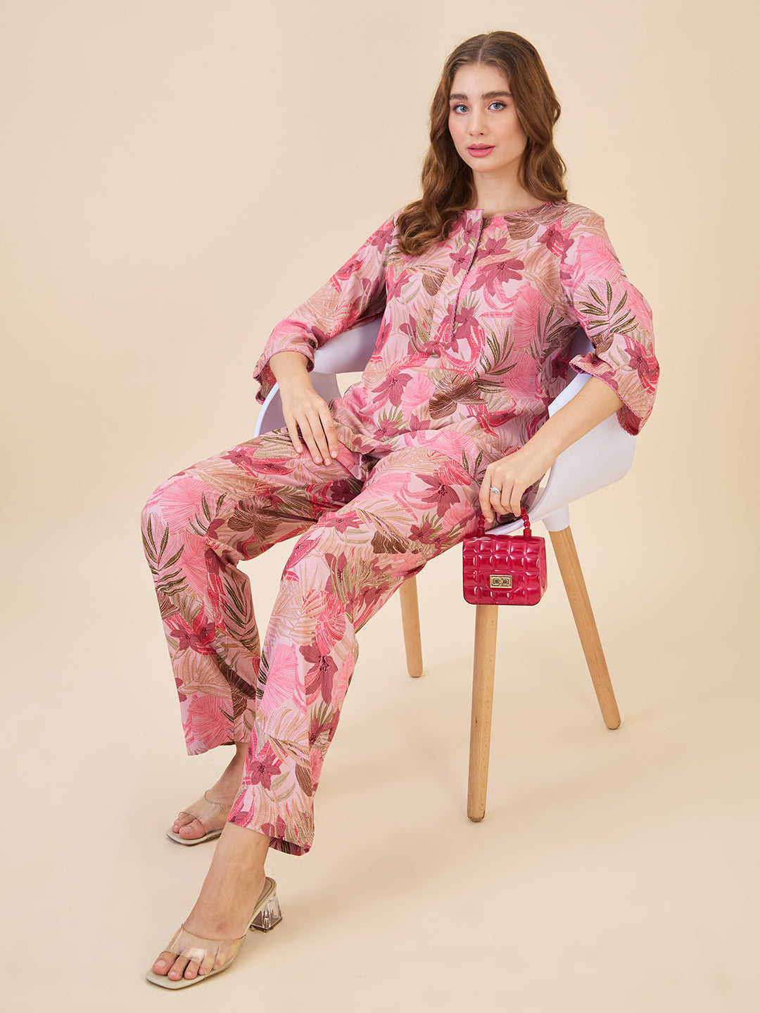 AV2 Women Rayon Printed Top & Bottom Coord set Pink -2621B