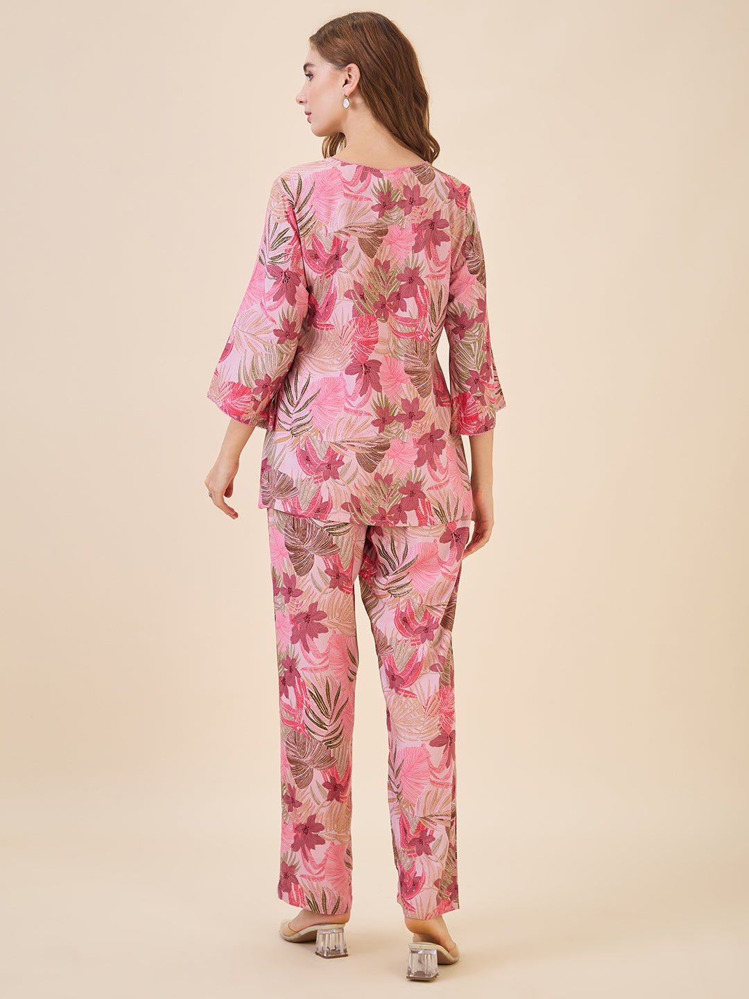 AV2 Women Rayon Printed Top & Bottom Coord set Pink -2621B
