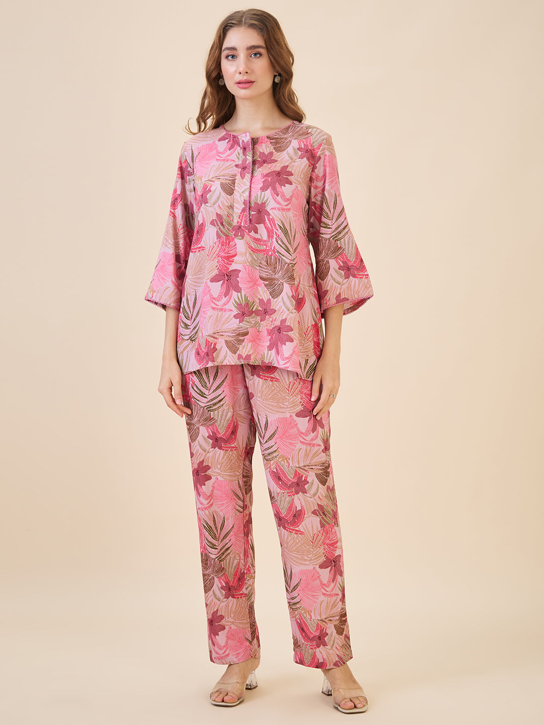 AV2 Women Rayon Printed Top & Bottom Coord set Pink -2621B