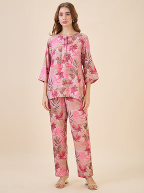 AV2 Women Rayon Printed Top & Bottom Coord set Pink -2621B