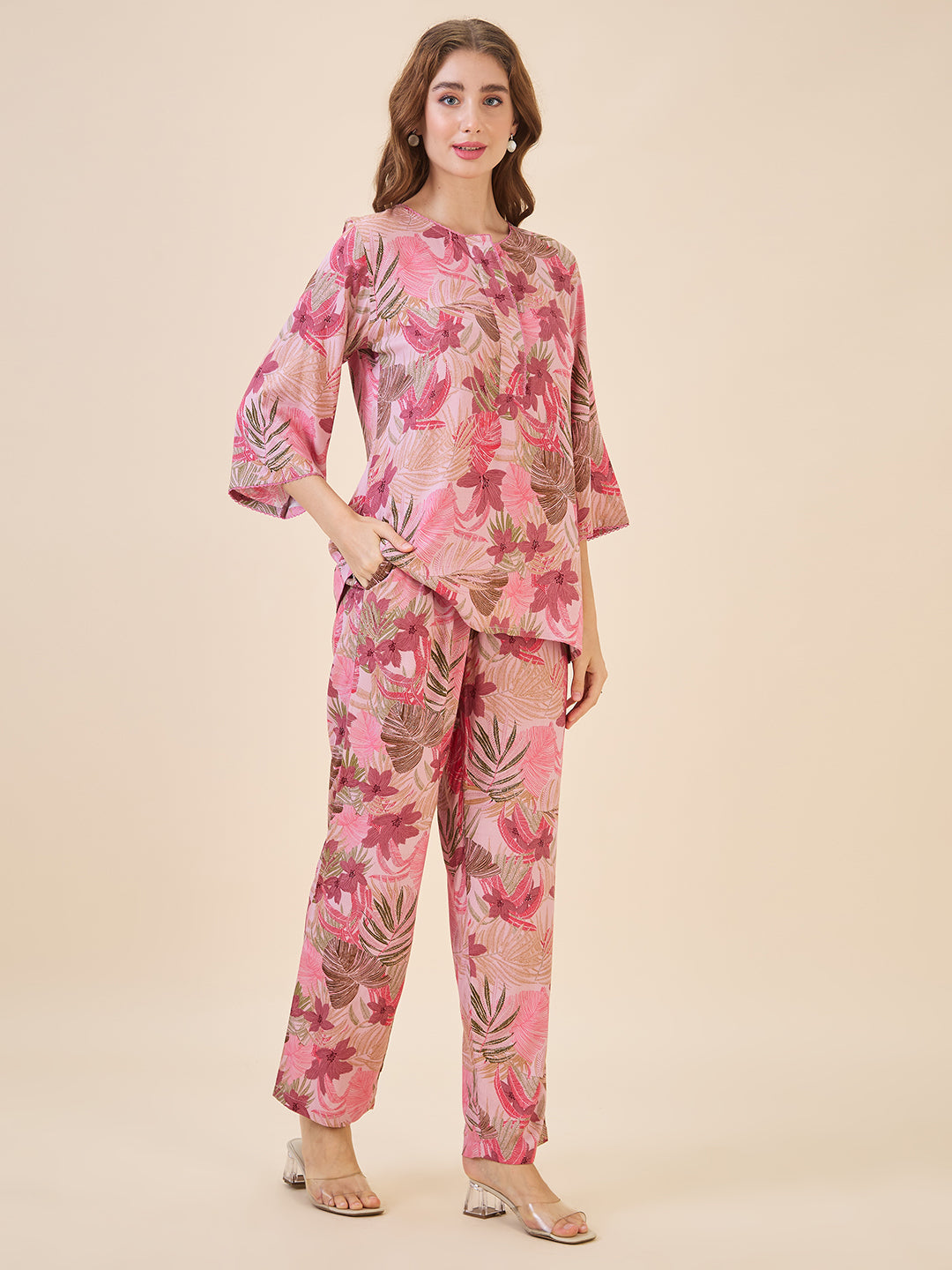 AV2 Women Rayon Printed Top & Bottom Coord set Pink -2621B