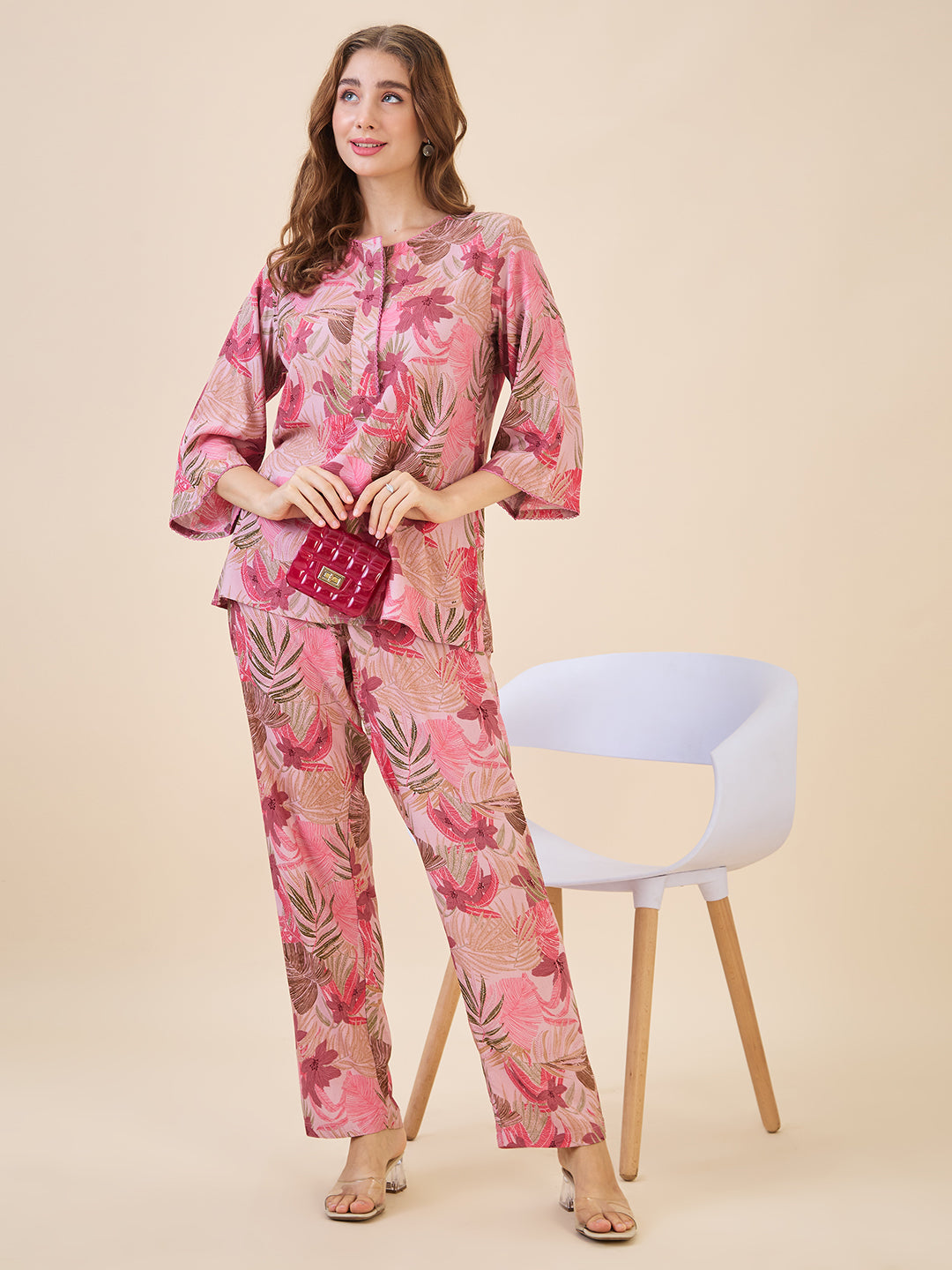 AV2 Women Rayon Printed Top & Bottom Coord set Pink -2621B