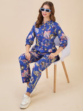 AV2 Women Cotton Printed Top & Bottom Coord set Blue - 2635A