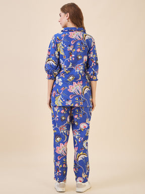 AV2 Women Cotton Printed Top & Bottom Coord set Blue - 2635A