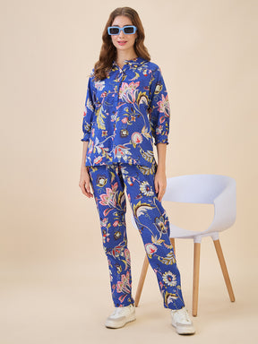 AV2 Women Cotton Printed Top & Bottom Coord set Blue - 2635A