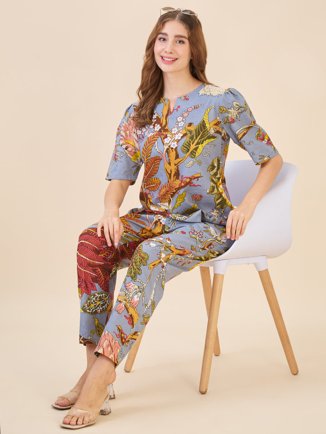 AV2 Women Cotton Printed Tunic & Bottom Coord set Grey - 2809A