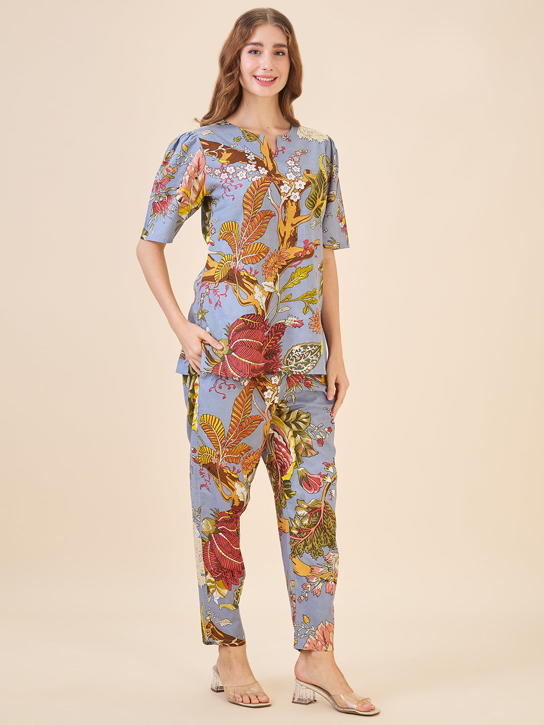 AV2 Women Cotton Printed Tunic & Bottom Coord set Grey - 2809A