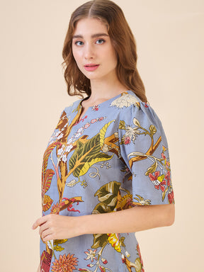AV2 Women Cotton Printed Tunic & Bottom Coord set Grey - 2809A