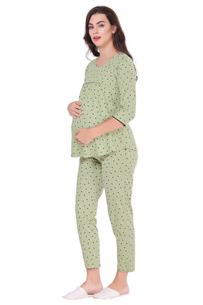 AV2 Women Cotton Feeding Top & Pyjama Nighsuit Set Green - 2833A
