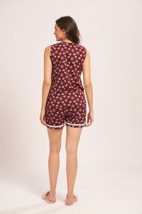AV2 Women's Cotton Printed Round Neck Sleeveless Nightsuit Set | Bermuda Shorts Set | Casual Night Dress for Women Brown Small 2838A