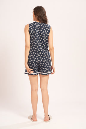AV2 Women's Cotton Printed Round Neck Sleeveless Nightsuit Set | Bermuda Shorts Set | Casual Night Dress for Women Navy Small 2838B