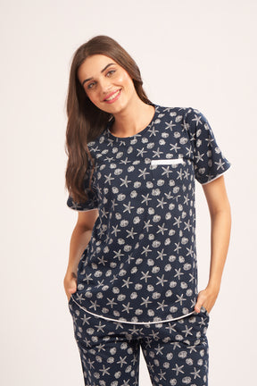 AV2 Women's Cotton Printed Short Sleeve Night Suit Set | Pajama Set | Casual Night Dress for Women | Airport Look Coord Set Navy Small 2841A