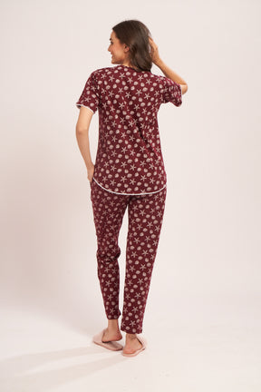 AV2 Women's Cotton Printed Short Sleeve Night Suit Set | Pajama Set | Casual Night Dress for Women | Airport Look Coord Set Brown Small 2841B