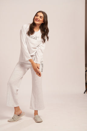 AV2 Women's Cotton Typography Printed Night Suit Set With Wide Legs | Pajama Set | Casual Night Dress for Women | Airport Look Coord Set White Small 2843A