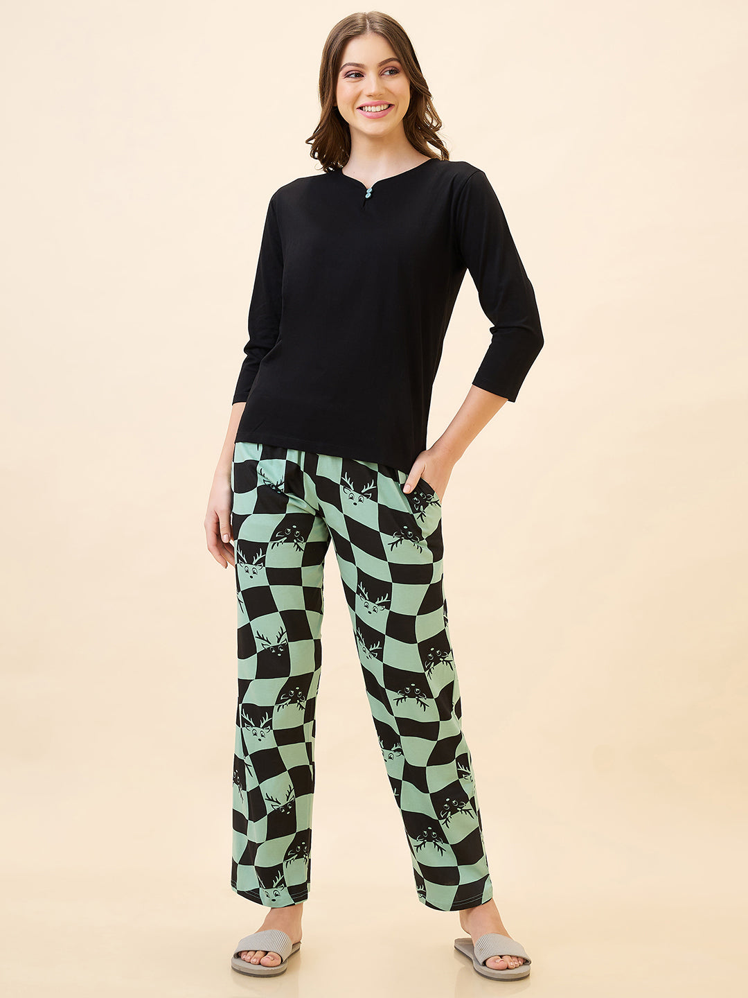 AV2 Women's Cotton Printed Round Neck Short Sleeve Nightsuit Set | Pajama Set | Casual Night Dress for Women Green - 2844A