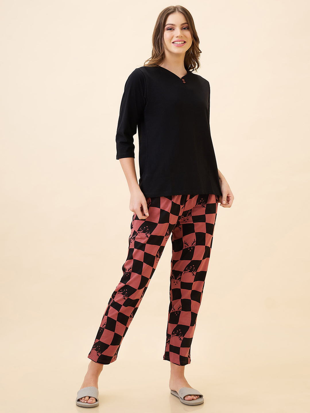 AV2 Women's Cotton Printed Round Neck Short Sleeve Nightsuit Set | Pajama Set | Casual Night Dress for Women Brown - 2844B