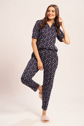 AV2 Women's Cotton Printed Short Sleeve Night Suit Set | Pajama Set | Casual Night Dress for Women | Airport Look Coord Set Navy Small 2849B