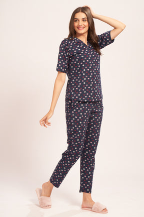 AV2 Women's Cotton Printed Short Sleeve Night Suit Set | Pajama Set | Casual Night Dress for Women | Airport Look Coord Set Navy Small 2849B