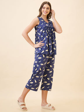 AV2 Women's Cotton Printed Round Neck Sleeveless Nightsuit Set | Capri Set | Casual Night Dress for Women - Blue 2890A