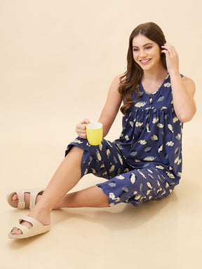 AV2 Women's Cotton Printed Round Neck Sleeveless Nightsuit Set | Capri Set | Casual Night Dress for Women - Blue 2890A