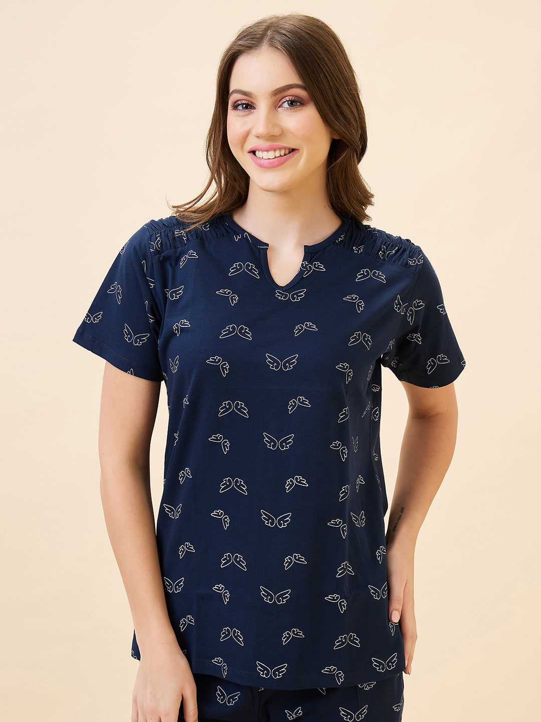 AV2 Women's Cotton Printed Round Neck Short Sleeve Nightsuit Set | Pajama Set | Casual Night Dress for Women - Navy 2891A