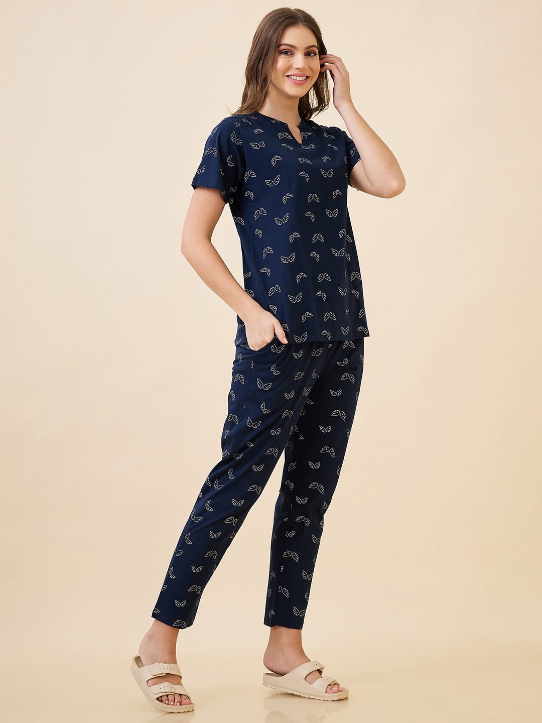 AV2 Women's Cotton Printed Round Neck Short Sleeve Nightsuit Set | Pajama Set | Casual Night Dress for Women - Navy 2891A