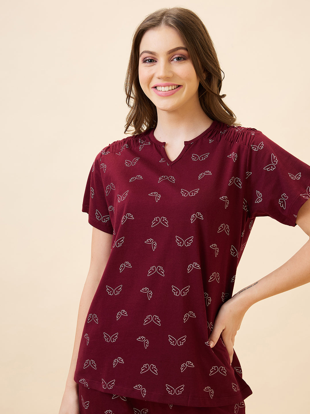 AV2 Women's Cotton Printed Round Neck Short Sleeve Nightsuit Set | Pajama Set | Casual Night Dress for Women - Maroon 2891B